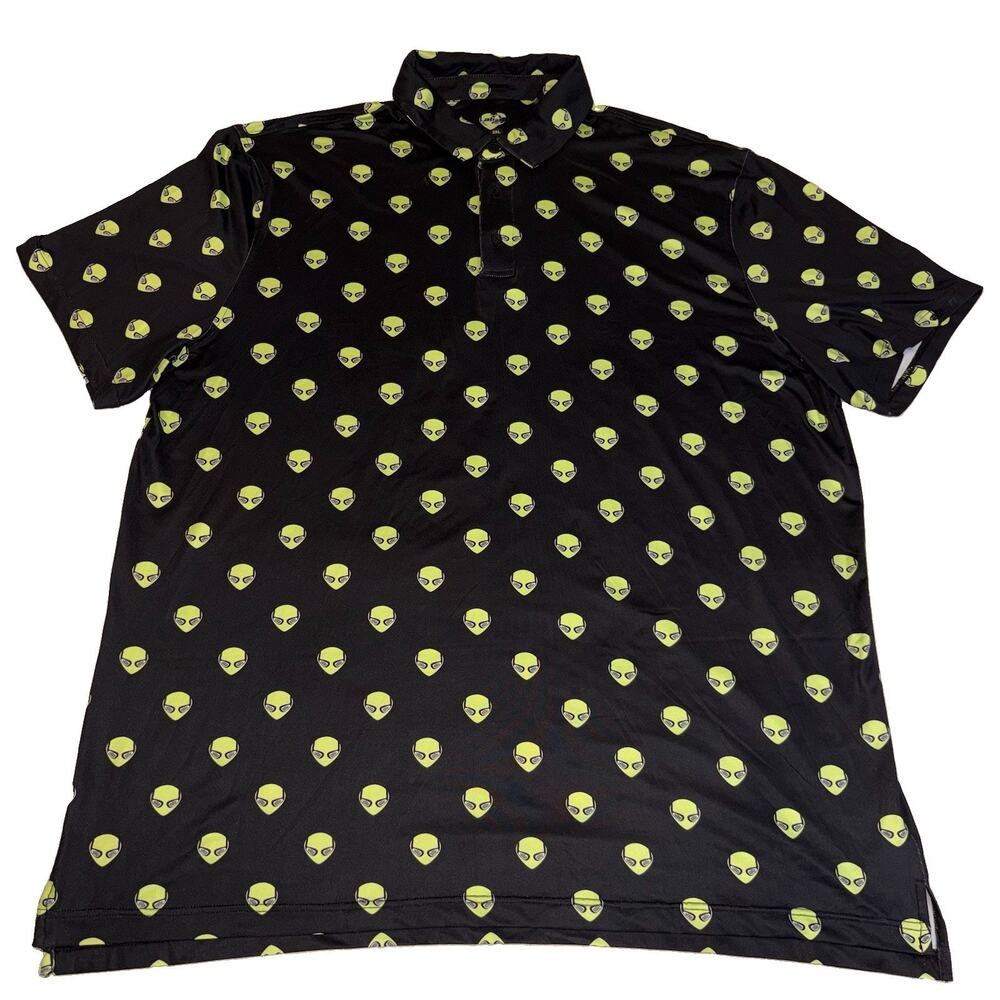 Alien Golf Polo Shirt Men’s 3XL Black Neon Green Alien Head All Over Print